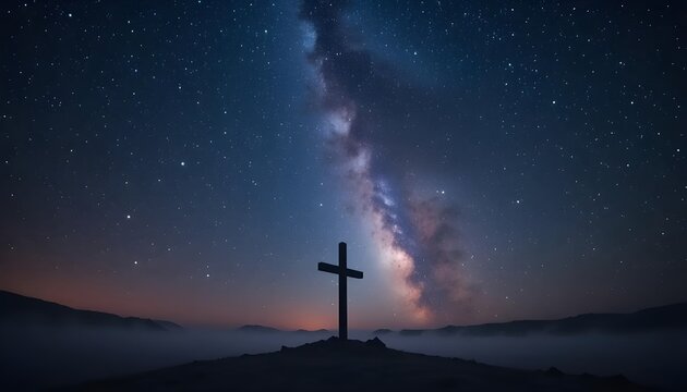 starry sky over the mountains and cross on it - Powered by Adobe