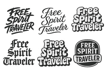 Fototapeta premium Free Spirit Lettering Grid. Free Spirit Traveler. Set lettering. harmonious lettering variations of the same emblematic concept, each with different artistic