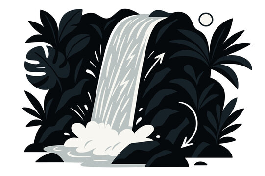 Vibrant Waterfall Cascade. Wild cascade. Water rushes down jagged rocks with abstract white lines showing speed. Tropical leaves frame the glowing waterfall in