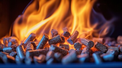 A close-up of glowing wood pellets with vibrant flames, illustrating the warmth and energy from burning biomass fuel.