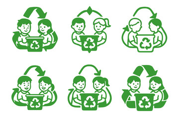 Children's Eco Logos. Children engaging in environmental conservation activities. Set Logo of Sustainability: recycling activity with children. harmonious logo