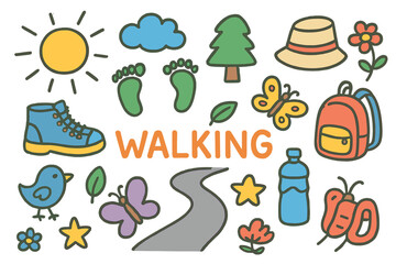Doodle Walk Adventure. Walking. Colorful Hand-drawn doodle Children illustration shoes, footprints, sun, cloud, tree, flower, water bottle, backpack, hat,