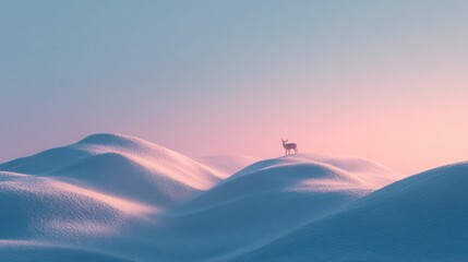 Serene deer stands majestically on snow covered hills at dawn with soft pastel sky blending blue and pink hues