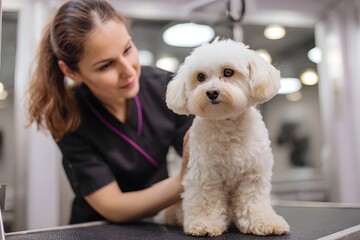 Woman is grooming a white poodle. The woman is wearing a black shirt and a purple bandana. The dog is sitting on a grooming table