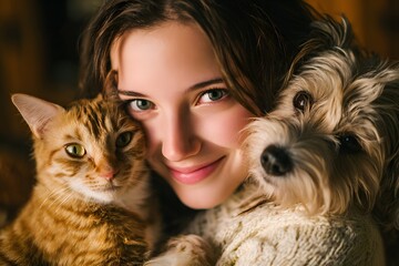 Woman is holding a cat and a dog, both of which are smiling. The woman is also smiling, creating a warm and happy atmosphere