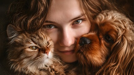 Woman is hugging two dogs and a cat. The woman has brown hair and is smiling. Concept of warmth and happiness, as the woman