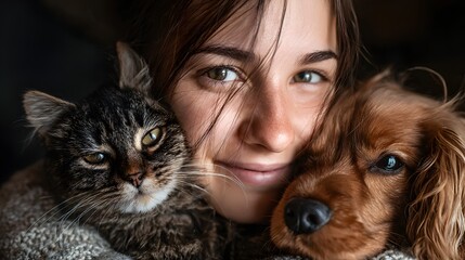 Woman is holding a cat and a dog. The cat is black and the dog is brown. The woman is smiling and looking at the camera