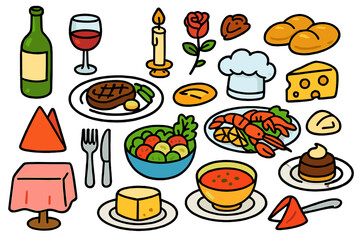Doodle Dining Delights. Fine dining. Colorful Hand-drawn doodle Children illustration Wine bottle, glass, steak plate, seafood platter, bread rolls, cheese,