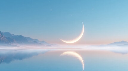 Serene crescent moon illuminates tranquil waters reflecting misty mountains under a soft pastel sky, evoking peace and wonder