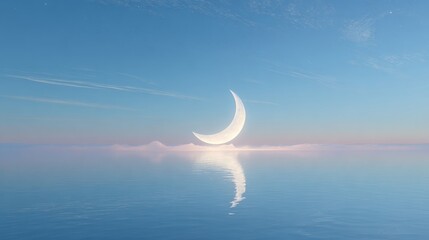Dreamy crescent moon ascends over tranquil ocean reflecting ethereal glow, inspiring peace and wonder in a serene, pastel dawn sky.