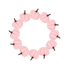 A cute autumn round frame with pink pumpkins. This autumn composition is framed in a wavy frame. The pumpkins are arranged in a circle. Vector illustration on a white background