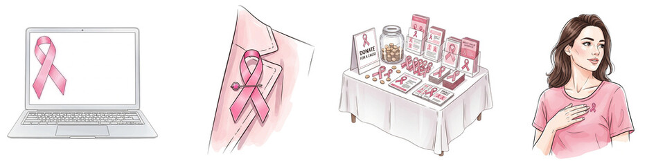 Set of isolated images for Breast Cancer Awareness Month, Woman Wearing Pink Shirt, Pink Ribbon Pin On Jacket, Pink Ribbon Stickers On Laptop, Fundraiser Table With Ribbons 
