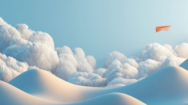 Vibrant paper airplane soaring through fluffy clouds against a serene blue sky, symbolizing adventure and new beginnings.