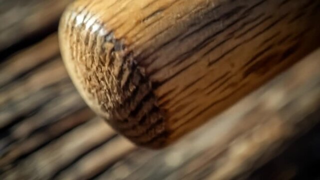 Close up of a wooden baseball bat detailing its surface and texture