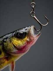 Fish is hooked up to a fishing line. The fish is yellow and red. The hook is silver
