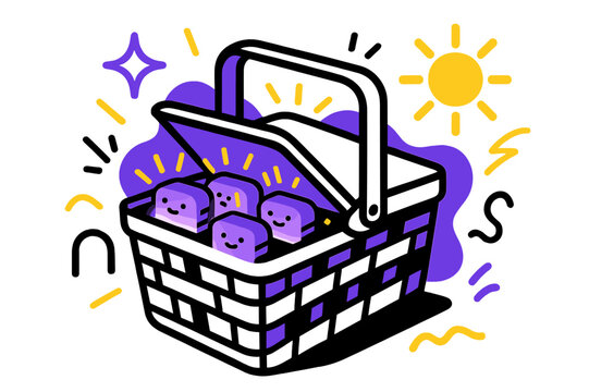 Glowing Picnic Delight. Picnic Basket. Glowing mini sandwiches neatly packed in a basket, abstract floating spark and sun shapes symbolizing outdoor fun.
