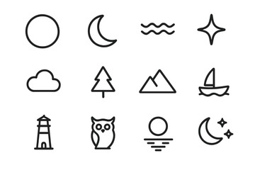 Lunar Icon Set. Lunar Glow. Line icon set of Lunar Glow: full moon, crescent moon, water ripples, star, cloud, tree, mountain, boat, lighthouse, owl,