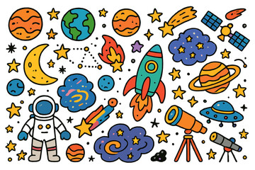 Cosmic Doodle Adventure. Cosmos. Colorful Hand-drawn doodle Children illustration Stars, planets, moon, rocket, astronaut, telescope, UFO, meteor,