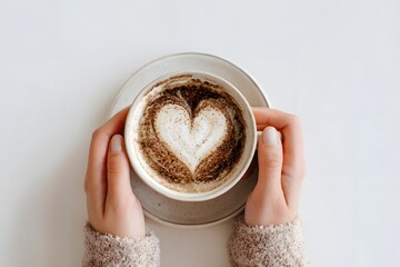 Person holding a coffee cup with a heart design on it. The cup is white and the person is wearing a brown sweater