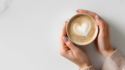 Person holding a coffee cup with a heart design on it. Concept of warmth and comfort, as the person is holding the cup close to their body. The heart design on the cup adds a touch of romance
