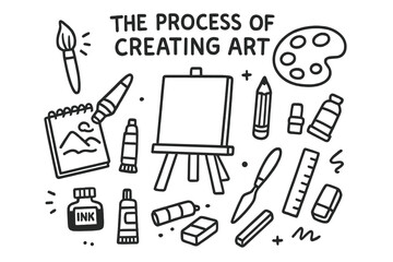 Art Creation Tools. The Process of Creating Art. Hand-drawn doodle illustration the process of creating art paintbrush, palette, easel, canvas, pencil,