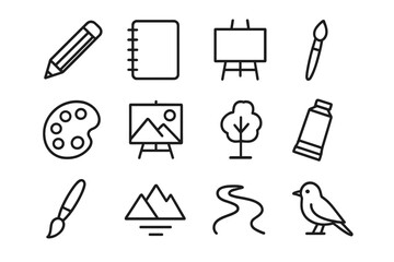 Fototapeta premium Creative Sketch Icon Set. Creative Sketching. Line icon set of Creative Sketching: pencil, sketchbook, easel, paintbrush, palette, canvas, paint tube, tree,