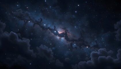 Fototapeta premium A dark, cloud-filled night sky with visible stars and a nebulous center