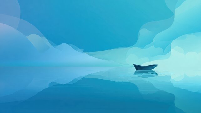 Serene single rowboat glides across tranquil blue water with misty mountain reflections creating a peaceful, minimalist landscape.