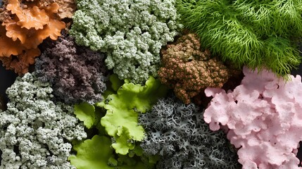 Colorful assortment of lichen species in nature macro image