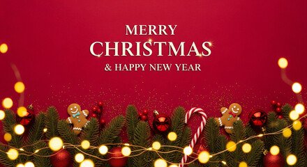 Merry Christmas & Happy New Year Wishes: A festive holiday greeting with the words Merry Christmas & Happy New Year is artistically displayed against a warm red backdrop.