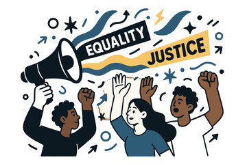 Naklejka premium Unity for Equality. Social justice voice. A megaphone blasting colorful sound waves with words ?Equality? and ?Justice? floating around. Diverse hands raised