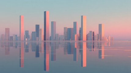 Stunning modern cityscape reflections at sunrise with serene pastel sky creating an inspiring urban panorama for business and travel