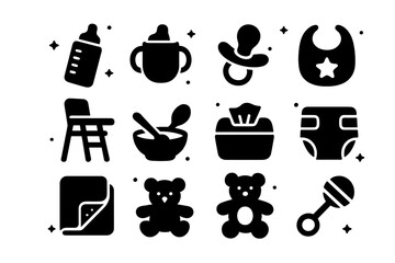 Baby Feeding Icons. Feeding time. Solid icons set of Feeding time: baby bottle, sippy cup, pacifier, bib, high chair, bowl, spoon, wipes, diaper, blanket,