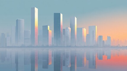 Stunning modern cityscape bathed in golden sunrise light with serene water reflections, evoking a sense of progress and opportunity