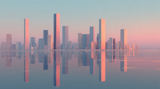 Stunning modern cityscape reflections at sunrise with serene pastel sky creating an inspiring urban panorama for business and travel