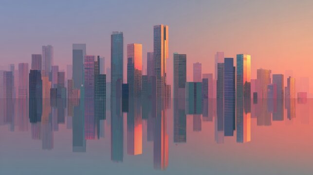 Captivating city skyline at sunrise reflects in calm water, showcasing modern architecture bathed in warm, vibrant hues