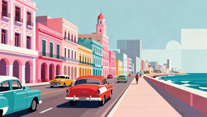 Illustration Of A Colorful Classic Car With Pastel Colonial Buildings Vector Design Template