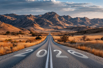 The new year of 2026 painted on a long, straight asphalt road extending into the distance through a dry, mountainous desert landscape at sunset, symbolizing future journey.