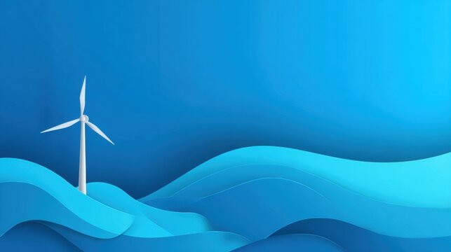 Modern wind turbine emerging from stylized ocean waves symbolizing clean energy and environmental innovation