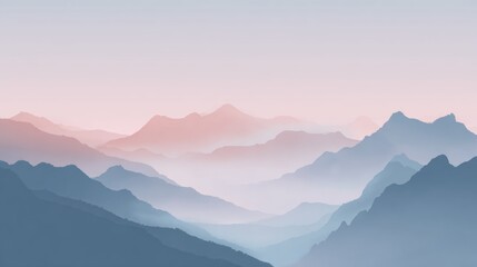 Serene mountain range vista with soft pastel gradient sky creating a tranquil, ethereal atmosphere ideal for calm backgrounds