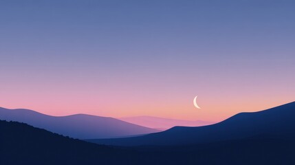 Serene crescent moon glows above layered mountain silhouettes during a tranquil twilight gradient sky