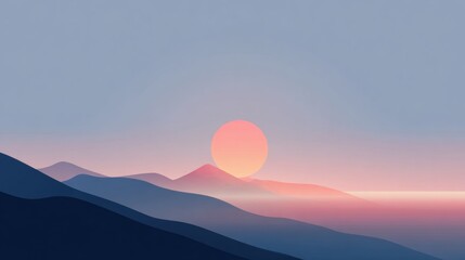 Serene minimalist landscape with a vibrant sunset over rolling hills and a calm ocean horizon, evoking peace and tranquility