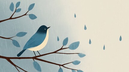 Serene blue bird perched on a branch during a gentle rain shower, creating a peaceful and calming natural scene.
