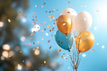 Fototapeta premium Colorful balloons floating with golden confetti against bright blue sky create festive and joyful atmosphere perfect for celebration events and parties