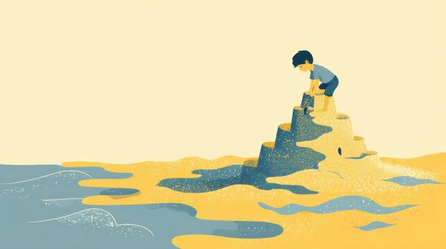 Young boy joyfully building a magnificent sandcastle on a sunny beach, creating cherished summer memories by the ocean waves.