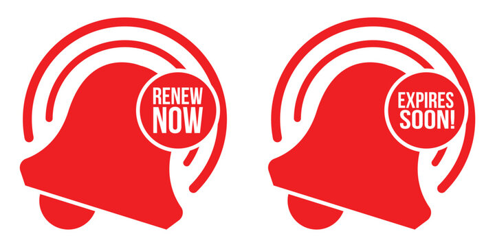 Renew Now and Expires Soon Badge Sticker Vector &ndash; Time-Sensitive Alert Label Design. Expiration Reminder & Subscription Alert