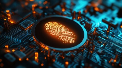 A close-up view of a fingerprint sensor on a circuit board, illuminated with orange hues against a blue digital background, symbolizing technology and security.