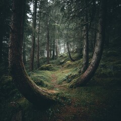 Mystical Forest Path with Twisted Trees and Green Moss
