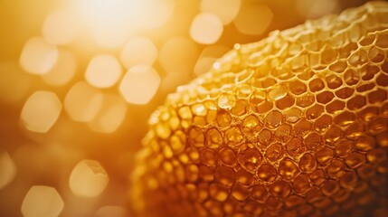 Honeycomb close up with golden sunlight, sweet nectar, nature concept