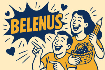 Vibrant Belenus Celebration. Sacred Belenus banner, flat vector illustration, bold oversized text inside comic burst, cartoon characters laughing and pointing,